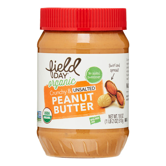Field Day Organic Easy Spread Peanut Butter, Crunchy, No Salt (12 jars x 18Oz)