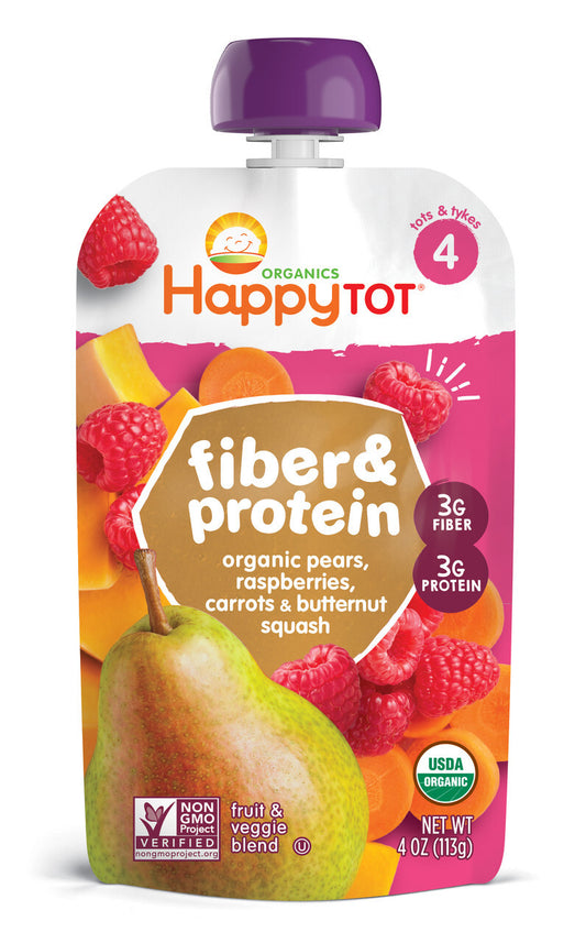Happy Tot Organic Fiber & Protein, Pear Raspberry Butternut Squash & Carrot (16 x4 OZ)