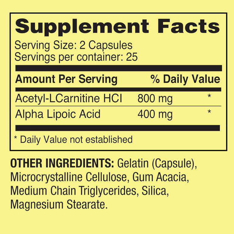 Spring Valley Acetyl L-Carnitine HCI 400 mg + Alpha Lipoic Acid 200 mg Capsules, 50 Count