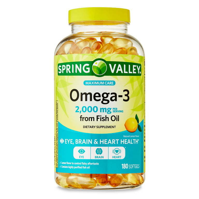 Spring Valley Omega-3 Fish Oil Brain & Heart Health Dietary Supplement Softgels, 2000 mg, 180 Count